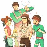  1girl 3boys apron bandaged_arm bandaged_hand bandaged_leg bandages belt birthday_cake black_eyes black_hair black_shorts blue_apron blunt_bangs blush bowl_cut brown_hair cake chinese_clothes clenched_hand closed_mouth cowboy_shot double_bun food frilled_apron frills green_eyes green_jumpsuit grin hair_bun hand_in_pocket hand_on_own_shoulder happy_birthday headband holding holding_brush holding_party_popper hyuuga_neji jumpsuit light_smile long_hair might_guy multiple_boys naruto_(classic) naruto_(series) open_mouth parted_bangs party_popper pink_apron pink_vest red_belt rock_lee shirt short_hair shorts sidelocks smile streamers teeth tenten_(naruto) thick_eyebrows trano_613 turtleneck vest waist_apron white_background white_shirt 