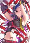  1girl absurdres adapted_costume animal_ears armpits belt between_breasts black_hair breast_pocket breasts colored_inner_hair ears_through_headwear fenomeno_(umamusume) flipped_hair highres horse_ears horse_girl long_hair long_sleeves looking_at_viewer midriff multicolored_hair navel oshiri_seijin pocket purple_eyes purple_hair red_belt sleeveless solo strap_between_breasts two-tone_hair umamusume 