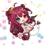  1girl :d ahoge bare_arms bare_shoulders blue_eyes brown_wings chibi commentary_request convenient_leg crescent crescent_hair_ornament crown demon_girl demon_horns demon_tail demon_wings double_bun dress fang flower full_body hair_between_eyes hair_bobbles hair_bun hair_flower hair_intakes hair_ornament heterochromia highres horns long_hair looking_at_viewer mini_crown nijisanji pink_flower red_eyes red_hair rino_cnc simple_background sleeveless sleeveless_dress smile solo star_(symbol) tail tilted_headwear two_side_up very_long_hair virtual_youtuber white_background white_dress wings yuzuki_roa 