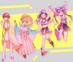  4girls :d alternate_hairstyle ankle_boots arm_up arms_up bag bangs bare_arms bare_shoulders black_skirt blue_bow blue_kimono boots bow breasts brown_footwear cat_hair_ornament choker cleavage commentary_request dancing danganronpa_(series) danganronpa_10th_anniversary_costume danganronpa_2:_goodbye_despair detached_sleeves dress fake_horns flower full_body hair_bow hair_ornament hairband hakama hand_up hands_up hat highres holding_hands horns japanese_clothes jumping kimono koizumi_mahiru long_hair long_sleeves looking_at_another medium_breasts midriff mioda_ibuki multiple_girls navel official_alternate_costume open_mouth orange_eyes orange_hairband pink_bow pink_headwear pink_legwear ponytail red_eyes red_hair saionji_hiyoko shiny shiny_hair shoes short_hair shoulder_bag single_thighhigh skirt smile thighhighs tsumiki_mikan twintails upper_teeth wide_sleeves yellow_dress zang_li 