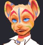  ambiguous_gender anthro blue_eyes blue_sclera candy_neopet clothed clothing destielconfession_(karina_farek) digital_media_(artwork) facial_markings fan_character felid fur head_markings head_tuft hi_res karina_farek kougra mammal markings multicolored_markings neopet_(species) neopets open_mouth pantherine rainbow_markings shirt simple_background smile solo striped_body striped_fur stripes teeth tiger topwear tuft 