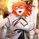  1girl ahoge breasts chaldea_logo collared_shrug dress fate/grand_order fate_(series) fujimaru_ritsuka_(female) fujimaru_ritsuka_(female)_(fgo_fes._2025) hair_ornament highres jewelry kakurikaku looking_at_viewer medium_breasts open_mouth orange_eyes orange_hair short_hair shrug_(clothing) smile unbuttoned_jacket white_shrug yellow_eyes 