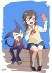  1girl ai_(digimon_tamers) bandana bandana_around_neck black_shoes blue_skirt blue_sky brick_wall brown_eyes brown_hair cellphone day digimon digimon_(creature) food gloves green_eyes highres holding holding_food holding_phone impmon open_mouth outdoors phone pleated_skirt purple_fur red_bandana red_gloves sandwiched school_uniform shinbiko shirt shoes signature sitting skirt sky smartphone socks sweater_vest tail white_shirt white_socks yellow_sweater_vest 