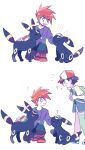  ! 2boys ? ash_ketchum backpack bag bangs boots brown_footwear brown_hair commentary_request gary_oak green_bag hair_brush headpat itome_(funori1) jacket long_sleeves male_focus multiple_boys multiple_views one_knee open_mouth pants pokemon pokemon_(anime) pokemon_(classic_anime) pokemon_(creature) purple_shirt shirt short_hair short_sleeves smile sparkle standing tongue transformed_ditto umbreon 