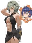  2girls aqua_eyes arm_up belle_(zenless_zone_zero) blue_hair blush breasts caesar_king_(zenless_zone_zero) closed_mouth collarbone commentary covered_nipples cowboy_shot crossed_bangs flying_sweatdrops green_hair hair_between_eyes hair_intakes hair_ornament heart heart-shaped_pupils highres large_breasts long_hair medium_hair multiple_girls navel patreon_logo patreon_username simple_background symbol-shaped_pupils thighs white_background x_hair_ornament zefrableu zenless_zone_zero 