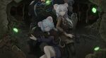  1other 2girls :o aiming animal_ear_fluff animal_ears armband armor belt black_pantyhose blue_eyes blush brown_belt bug carapace dress extra_eyes giant_insect glowing glowing_object green_eyes gun hair_between_eyes hair_intakes highres holding holding_gun holding_weapon kneeling long_hair long_sleeves looking_ahead looking_at_viewer machine_gun mantle medium_hair military_uniform monster mouse_ears mouse_girl mouse_tail multiple_girls original panties pantyhose pantyshot power_armor ratkin_(rimworld) red_armband red_eyes rimworld short_dress sparkle tail twintails underground underwear user_tpcc5735 weapon white_hair white_panties 