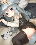  1boy 1girl animal_ears bangs black_legwear black_skirt blue_eyes blush grey_hair highres lap_pillow lying on_side original pleated_skirt psyche3313 skirt tail thighhighs 