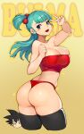  1boy 1girl ass black_hair black_legwear blue_eyes blue_hair blush breasts bulma character_name cropped_legs dragon_ball dragon_ball_(classic) gurimjang highres large_breasts looking_back open_mouth panties red_panties red_tubetop shiny shiny_skin side_ponytail smile son_goku spiked_hair strapless thighhighs thighs tubetop underwear v yellow_background 