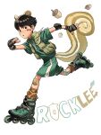  1boy acorn alternate_costume animal_ears bandaged_knees bandaid bandaid_on_face bandaid_on_knee bandaid_on_leg black_hair bowl_cut character_name cropped_vest elbow_pads fingerless_gloves full_body gloves green_shirt green_shorts green_vest highres inline_skates kemonomimi_mode leg_warmers light_blush looking_at_viewer male_focus naruto_(series) orange_leg_warmers parted_lips rock_lee roller_skates shirt short_hair shorts skates skating solo squirrel_boy squirrel_ears squirrel_tail tail thick_eyebrows trano_613 vest white_background 