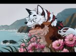 2025 black_body black_fur brown_body brown_fur canid canine canis detailed_background domestic_dog duo female flower fur hi_res kluforever male mammal mountain plant red_body red_fur rock water white_body white_fur wolf