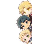  3boys black_hair blonde_hair blue_eyes blue_necktie braid bright_pupils dio_brando frown giorno_giovanna green_eyes jojo_no_kimyou_na_bouken jonathan_joestar male_focus morino_peko multiple_boys necktie peeking_out phantom_blood red_necktie sailor_collar short_hair simple_background smile vento_aureo white_pupils 