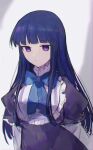  1girl :/ bakara_(19083210) bib_collar black_dress blue_bow blue_bowtie blue_hair bow bowtie chromatic_aberration closed_mouth commentary_request dress film_grain frederica_bernkastel grey_background highres hime_cut layered_sleeves long_hair long_sleeves puffy_short_sleeves puffy_sleeves purple_eyes short_over_long_sleeves short_sleeves sidelocks sketch solo umineko_no_naku_koro_ni upper_body 