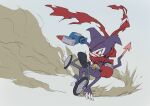  asymmetrical_gloves blue_gloves claws digimon digimon_(creature) drifting dust eyepatch gloves grey_background gun highres holding holding_gun holding_weapon impmon impmon_x-antibody mismatched_gloves nakitoritaro purple_fur red_eyes red_gloves red_scarf scarf simple_background solo tail torn_clothes torn_scarf toy_gun tricycle weapon 