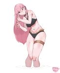  1girl absurdres bikini black_bikini black_nails breasts english_commentary frantic_(frantickohi) gold_thighlet grabbing_own_hair highres holding holding_own_hair hololive hololive_english holonatsu_paradise large_breasts long_hair mori_calliope mori_calliope_(holonatsu_paradise) navel official_alternate_costume pink_eyes pink_hair simple_background solo swimsuit virtual_youtuber wet wet_hair white_background 