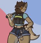  absurd_res anthro baton bottomwear bulge canid canine canis clothed clothing domestic_dog german_shepherd handcuffs herding_dog hi_res male mammal pastoral_dog police_uniform shackles shorts solo tinysmallman topwear uniform unimpressed vest 
