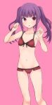  1girl :o alice_gear_aegis bangs bare_arms bare_shoulders bikini blush breasts collarbone eyebrows_visible_through_hair frilled_bikini frills groin hands_up highres ichijou_ayaka konpotsu long_hair looking_at_viewer navel parted_lips pink_background purple_eyes purple_hair red_bikini sidelocks small_breasts solo swimsuit twintails 