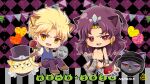  2boys argyle_background battle_tendency blonde_hair blue_vest braid bright_pupils cat_boy cat_tail chibi chibi_only dio_brando fang flower holding holding_flower jojo_no_kimyou_na_bouken kars_(jojo) kemonomimi_mode male_focus morino_peko multiple_boys necktie open_mouth orange_eyes pants pectorals phantom_blood purple_hair purple_pants red_flower red_rose rose stone_mask_(jojo) string_of_flags tail vest white_pupils yellow_necktie 