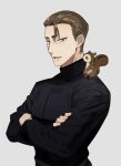  1boy :d animal animal_on_shoulder ayanokouji_fumimaro black_shirt blush brown_eyes brown_hair chipmunk commentary_request crossed_arms grey_background kanamura_ren long_sleeves male_focus meitantei_conan on_shoulder open_mouth shirt short_hair simple_background smile solo squirrel sweatdrop turtleneck upper_body 