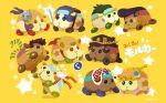  battle_tendency blonde_hair brown_hair caesar_anthonio_zeppeli chain diamond_wa_kudakenai dio_brando earrings flower giorno_giovanna guido_mista holding_road_sign jewelry jojo_no_kimyou_na_bouken jonathan_joestar joseph_joestar joseph_joestar_(young) kishibe_rohan kujo_jotaro molcar morino_peko no_humans phantom_blood pompadour pui_pui_molcar red_eyes road_sign rose scarf sign simple_background star_(symbol) stardust_crusaders stone_mask_(jojo) striped_clothes striped_scarf sweatdrop sword vento_aureo weapon yellow_background 