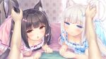  animal_ears bed bed_sheet bedroom blush bow cat cat_ears cat_tail chocola_(nekopara) ear_grab highres lying nekopara pajamas sayori_(neko_works) tail vanilla_(nekopara) 