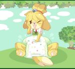 ambiguous_gender animal_crossing anthro bell black_nose blush blush_lines border brick canid canine canis clean_diaper clothed clothing cloud detailed_background diaper diaper_puff domestic_dog female_(lore) floppy_ears front_view full-length_portrait fur grass green_border green_clothing green_topwear green_vest hand_on_diaper hand_on_face hi_res isabelle_(animal_crossing) jupiters leaf looking_at_viewer mammal nintendo one_eye_closed open_mouth open_smile pawpads pink_pawpads plant portrait red_hairband shih_tzu shirt sitting smile solo sparkles tail teeth topwear touching_diaper toy_dog tree vest wearing_diaper white_clothing white_shirt white_topwear yellow_body yellow_fur yellow_tail