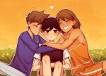  3boys antenna_hair artist_name black_eyes black_hair black_sweater_vest blue_sweater bright_pupils brown_hair brown_shorts closed_eyes closed_mouth collared_shirt dark-skinned_male dark_skin double-parted_bangs grey_pants grin group_hug heart hero_(faraway)_(omori) hero_(omori) highres hug kel_(faraway)_(omori) kel_(omori) knees_up krerue long_sleeves male_focus multiple_boys omori open_mouth orange_shorts pants shirt short_hair shorts sitting smile sunny_(omori) sweater sweater_vest teeth white_pupils white_shirt 