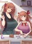  2girls :d absurdres apron bangs blue_eyes bottle breasts brown_eyes brown_hair candy chocolate chocolate_heart cleavage commentary_request dual_persona eyebrows_visible_through_hair food fou_zi green_apron hair_ribbon hands_up heart highres holding holding_chocolate holding_food huge_breasts indoors kitchen long_hair looking_at_another multiple_girls nozomi_(princess_connect!) one_eye_closed open_mouth perfume_bottle princess_connect! princess_connect!_re:dive purple_apron red_ribbon ribbon smile two_side_up valentine 