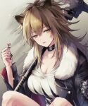  1girl animal_ears arknights bangs black_choker black_jacket breasts brown_eyes brown_hair candy choker cleavage commentary eyebrows_visible_through_hair food fur-trimmed_jacket fur_trim grey_background hair_between_eyes hammer hand_up highres holding holding_food jacket kogarashi_kon large_breasts lion_ears lollipop long_hair long_sleeves looking_at_viewer open_clothes open_jacket over_shoulder shirt siege_(arknights) solo upper_body weapon weapon_over_shoulder white_shirt 