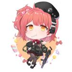  1girl ahoge beret candy chibi expressionless food fur_trim girls_frontline gun h&amp;k_mp7 hat jacket jin2 lollipop medium_hair mp7_(girls_frontline) off_shoulder pantyhose red_hair side_ponytail solo submachine_gun weapon yellow_eyes 