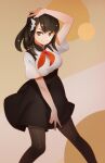  1girl 3four :&gt; black_hair breasts brown_eyes closed_mouth commentary gatchaman_crowds hair_ornament high-waist_skirt highres ichinose_hajime large_breasts long_hair looking_at_viewer pantyhose school_uniform skirt smile solo v 