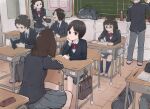  3boys 4girls bag black_hair brown_eyes chalkboard classroom commentary desk duffel_bag glasses looking_at_viewer medium_hair multiple_boys multiple_girls original reading school_desk school_uniform short_hair sitting sitting_backwards twintails yajirushi_(chanoma) 