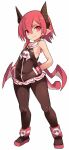  1girl black_legwear closed_mouth demon_girl demon_horns disgaea fang full_body hair_between_eyes hands_in_pockets highres horns karukan_(monjya) makai_senki_disgaea_3 pantyhose pointy_ears raspberyl red_eyes red_hair short_hair simple_background solo standing white_background 