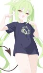  1girl :d absurdres alternate_costume black_shirt blue_archive commentary cowboy_shot demon_horns demon_tail earrings fang fingers_to_cheeks green_hair green_halo hair_between_eyes halo highres horns indonesian_commentary jewelry long_hair looking_at_viewer nozomi_(blue_archive) oversized_clothes oversized_shirt pointy_ears print_shirt risa_rierisa shirt short_sleeves sidelocks simple_background smile solo t-shirt tail twintails white_background yellow_eyes 