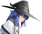  1girl black_headwear blue_eyes blue_hair closed_mouth enami_katsumi hair_between_eyes hat long_hair looking_at_viewer mushoku_tensei roxy_migurdia simple_background solo upper_body white_background witch witch_hat 