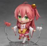  1girl :d absurdres ahoge artist_name bell cherry_blossom_print commentary english_commentary floral_print full_body green_eyes hair_bell hair_between_eyes hair_ornament highres hololive japanese_clothes kimono long_hair looking_at_viewer nendoroid open_mouth outstretched_arms red_hair round_teeth sakura_miko shiori2525 smile solo standing standing_on_one_leg teeth thighhighs upper_teeth virtual_youtuber white_kimono white_legwear wide_sleeves x_hair_ornament 