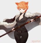  1girl 3four animal_ears blonde_hair breasts cleavage fate/grand_order fate_(series) fujimura_taiga fur_trim holding jaguarman_(fate) looking_at_viewer short_hair simple_background smile solo 