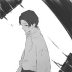  1boy greyscale highres jacket jujutsu_kaisen kanade_(kanade_3344) looking_at_viewer male_focus monochrome okkotsu_yuuta parted_lips short_hair solo 