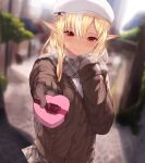  1girl backlighting beret blurry blurry_background blush box breath brown_cardigan cait_aron cardigan closed_mouth commentary_request cowboy_shot dark_elf dark_skin dark_skinned_female day depth_of_field elf grey_scarf grey_skirt hand_on_own_chest hat heart-shaped_box hololive looking_at_viewer outdoors outstretched_arm plaid plaid_scarf plaid_skirt pleated_skirt pointy_ears pov red_eyes scarf shiranui_flare skirt smile solo valentine virtual_youtuber white_headwear 