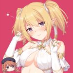  2girls bangs bare_shoulders blonde_hair blush breasts bridal_gauntlets brown_hair chibi chloe_(princess_connect!) cleavage criss-cross_halter detached_sleeves elf green_nails hair_ribbon halterneck highres horosuke_(toot08) large_breasts long_hair looking_at_viewer multiple_girls pointy_ears princess_connect! princess_connect!_re:dive purple_eyes ribbon sidelocks translation_request twintails yuni_(princess_connect!) 