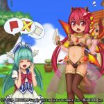  2girls 6ichi ^_^ antenna_hair black_bra black_pants blue_corset blue_hat blue_sky bra brown_thighhighs closed_eyes company_name copyright_name copyright_notice corset emil_chronicle_online fairy_wings fang flag flat_chest fly_fish_alma flying_sweatdrops frilled_skirt frills garden gold_armlet gold_choker gold_wrist_cuffs green_hair hair_ornament hat head_wings holding holding_flag long_hair low_twintails lowres multiple_girls neck_ribbon official_art pants red_eyes red_flag red_hair red_ribbon red_wings ribbon sailor_collar salamander_alma see-through_clothes see-through_skirt see-through_sleeves skirt sky spoken_object thighhighs twintails underwear white_flag white_skirt white_wings wings 