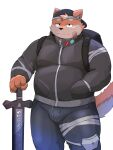  2021 3:4 anthro backpack black_nose bottomwear bulge canid canine canis clothing domestic_dog hat headgear headwear hi_res humanoid_hands kemono male mammal morningbread16 overweight overweight_anthro overweight_male pants solo weapon 