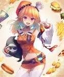  1girl :d artist_name bangs beret breasts collarbone commentary cowboy_shot death-sensei_(mori_calliope) detached_sleeves earrings english_commentary eyebrows_visible_through_hair food fried_chicken gradient_hair hamburger hat hololive hololive_english hot_dog jewelry kfp long_hair looking_at_viewer making-of_available medium_breasts multicolored_hair navel open_mouth orange_hair pink_eyes pizza_slice simple_background smile solo takanashi_kiara takuyarawr thighhighs virtual_youtuber white_legwear 