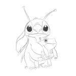 1:1 4_arms alien amphibian antennae_(anatomy) anthro claws crazydrak disney duo frog glistening glistening_eyes head_tuft hi_res holding_another lilo_and_stitch looking_at_viewer male male_anthro monochrome mouth_closed multi_arm multi_limb notched_ear nude simple_background sketch standing stitch_(lilo_and_stitch) toe_claws tuft