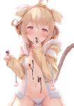  1girl alternate_costume andira_(granblue_fantasy) animal_ears blonde_hair blue_panties breasts brown_eyes chocolate drawstring erune finger_to_mouth fur_trim granblue_fantasy highres hood hoodie kimblee long_sleeves looking_at_viewer monkey_ears monkey_tail navel open_clothes open_hoodie panties short_hair simple_background sitting small_breasts solo stomach striped striped_panties tail tiara underwear white_background 