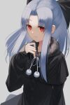  1girl bangs black_bow black_capelet blue_hair bow capelet closed_mouth commentary_request empty_eyes expressionless eyebrows_visible_through_hair fur_collar hair_bow hand_on_own_chest highres len_(tsukihime) long_hair long_sleeves looking_at_viewer parted_bangs pom_pom_(clothes) ponytail red_eyes ribbon sidelocks sleeves_past_wrists solo tsukihime upper_body white_ribbon yamada_maya_(yamdmay) 