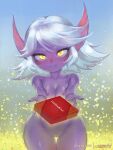  1girl blush box breasts colored_skin gift gift_box league_of_legends looking_at_viewer mayhem_art pointy_ears pussy short_hair silver_hair smile solo tristana valentine yellow_eyes yordle 