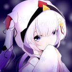  1girl absurdres blue_eyes chihaya_(clothing) covering_own_mouth hair_between_eyes hair_ornament hatsune_miku highres japanese_clothes long_hair long_sleeves looking_at_viewer miko misho39 musical_note musical_note_hair_ornament musical_note_print musical_staff musical_staff_print official_alternate_costume official_alternate_hairstyle sleeves_past_wrists snowflake_print solo twintails vocaloid white_hair yuki_miku yuki_miku_(2018) 