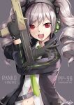  1girl artist_name bangs belt black_belt black_gloves cosplay drill_hair english_commentary eyebrows_visible_through_hair girls_frontline gloves green_neckwear gun hair_between_eyes hair_ornament hair_ribbon hairclip headphones hiroki_ree holding holding_gun holding_weapon idolmaster idolmaster_cinderella_girls jacket kanzaki_ranko long_hair navel necktie open_mouth pp-90 pp-90_(girls_frontline) red_eyes ribbon shirt silver_hair smile solo twin_drills twintails upper_body weapon white_shirt 