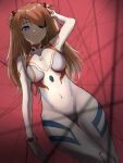  1girl absurdres ass_visible_through_thighs blue_eyes breasts brown_hair covered_navel dutch_angle evangelion:_3.0+1.0_thrice_upon_a_time eyepatch hair_over_one_eye hand_in_hair highres interface_headset long_hair medium_breasts neon_genesis_evangelion plugsuit rebuild_of_evangelion red_background shikinami_asuka_langley solo souryuu_asuka_langley thigh_gap xie_yu 