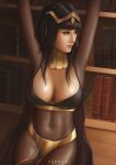  1girl arms_up black_hair bookshelf breasts cape cleavage cowboy_shot fire_emblem fire_emblem_awakening highres large_breasts library lips long_hair realistic solo tharja_(fire_emblem) yupachu 